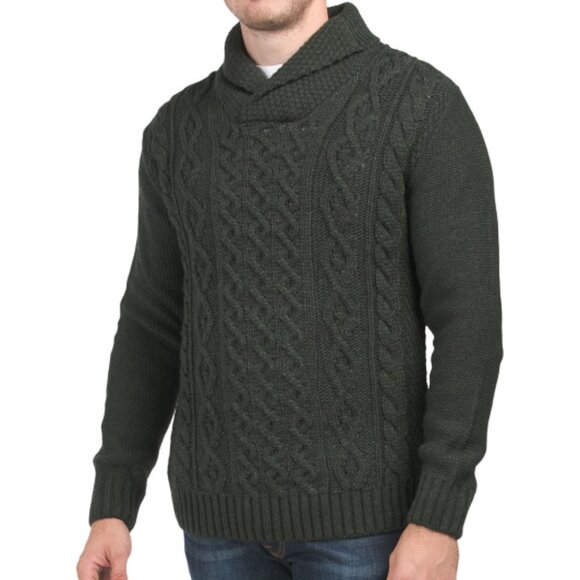NEW PAOLO MONDO Made In Italy Wool Blend Cable Shawl Sweater Military Green 364m